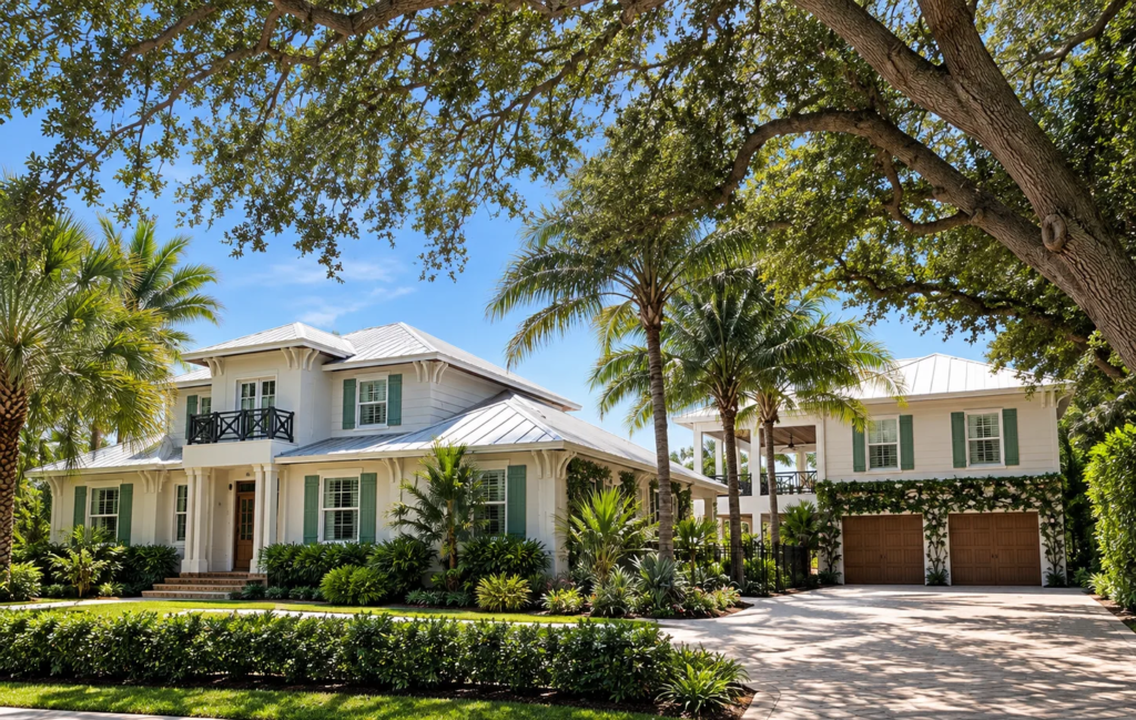 Custom coastal home with metal roof and detached garage in Cherokee Park, Sarasota