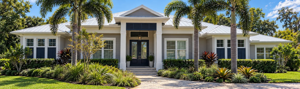 Front entry of a coastal custom home with glass doors and palm trees in Sarasota
