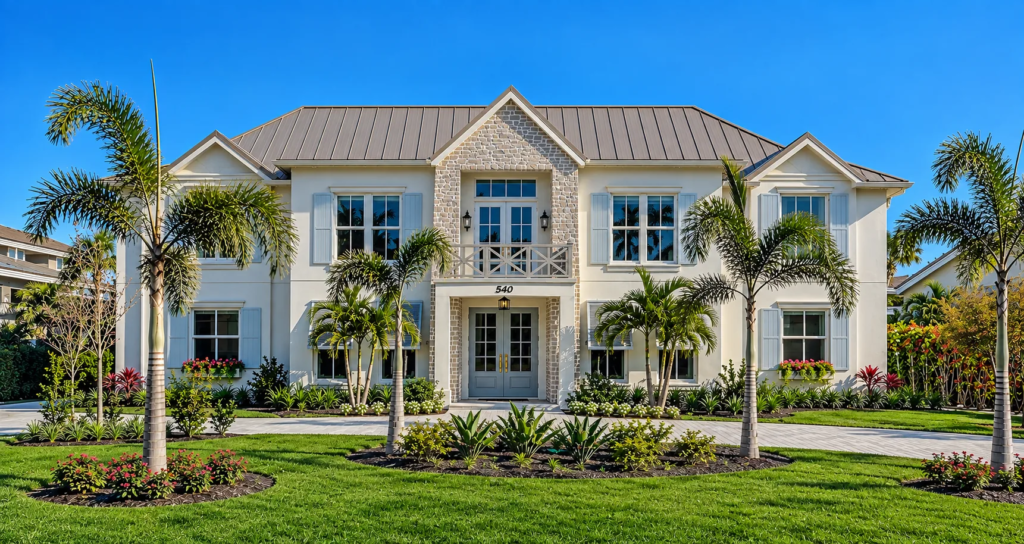 Two-story coastal estate custom home with palm-lined lawn