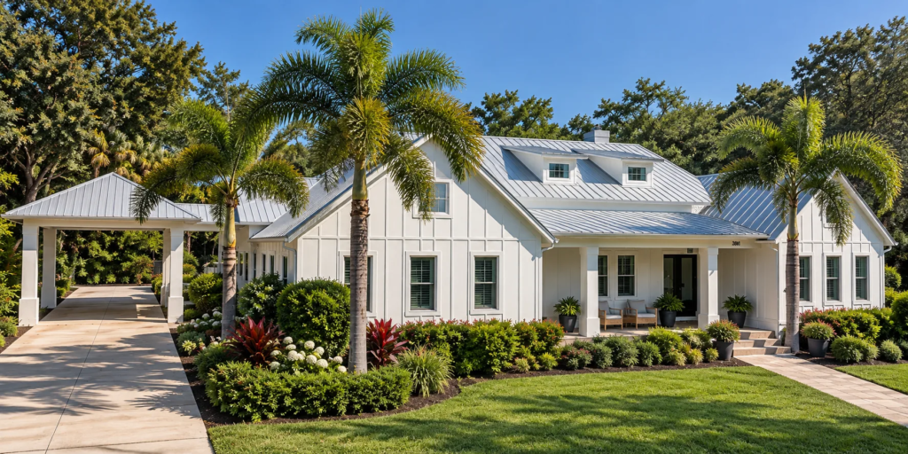 Coastal farmhouse style custom home with board and batten siding and palms in Sarasota