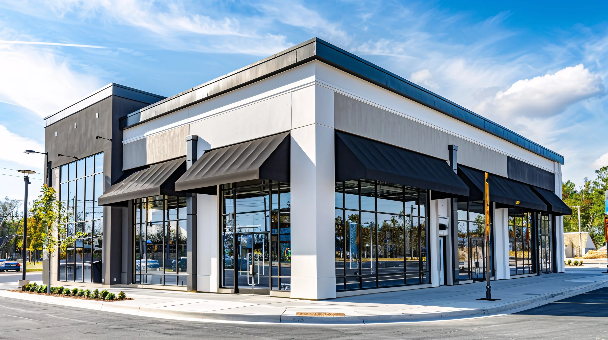 Modern commercial retail storefront building with black awnings