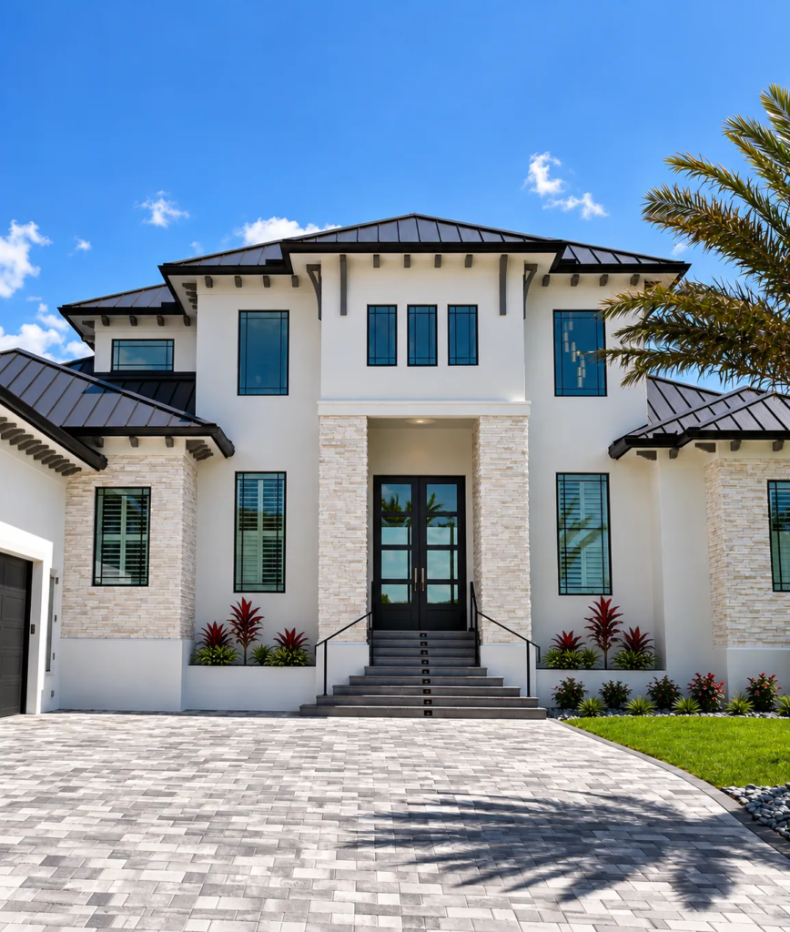Custom home front entry with stone columns and double glass doors