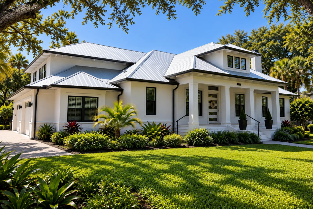 White custom home with standing seam metal roof and front porch in Sarasota