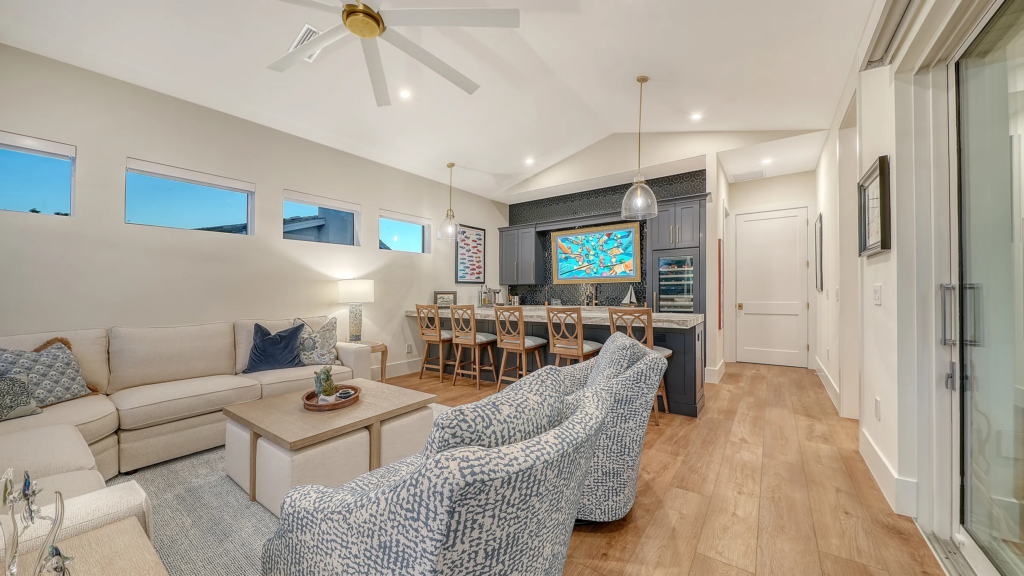 Family room with sectional seating and wet bar