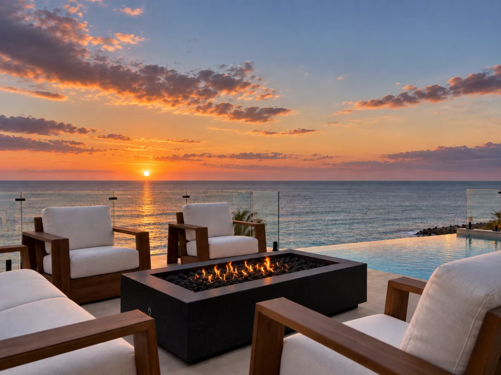 Gulf-front terrace with fire pit and lounge seating at sunset