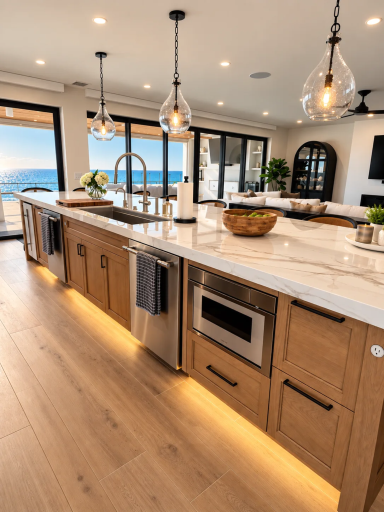 Kitchen island with under-cabinet lighting and Gulf views