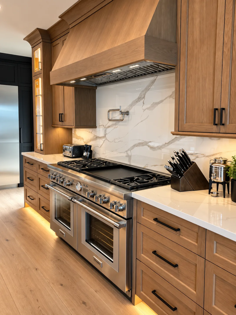 Professional range under a custom wood hood with marble backsplash
