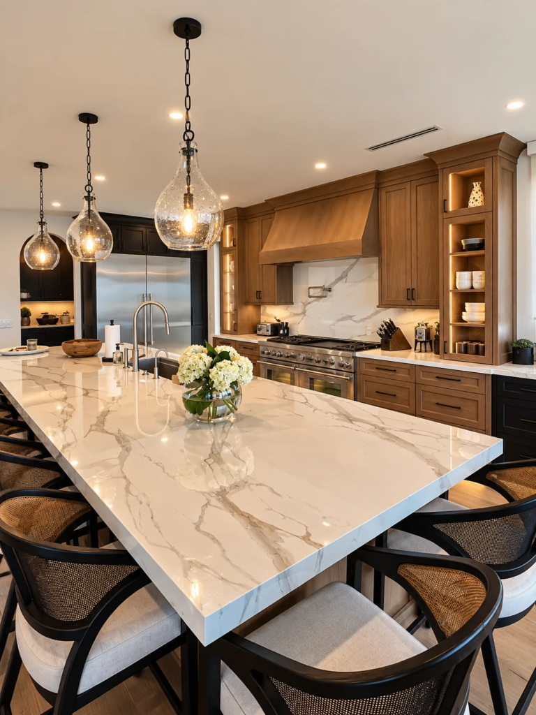 Kitchen with marble waterfall island and warm wood cabinetry