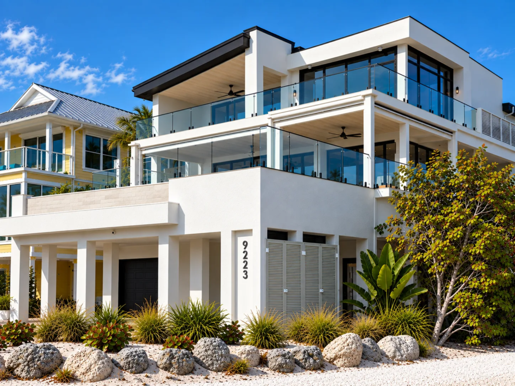 Modern three-story coastal custom home with glass balconies in Sarasota