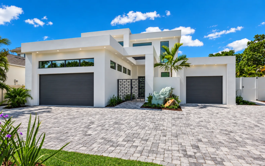 Modern white custom home with paver driveway and two garages