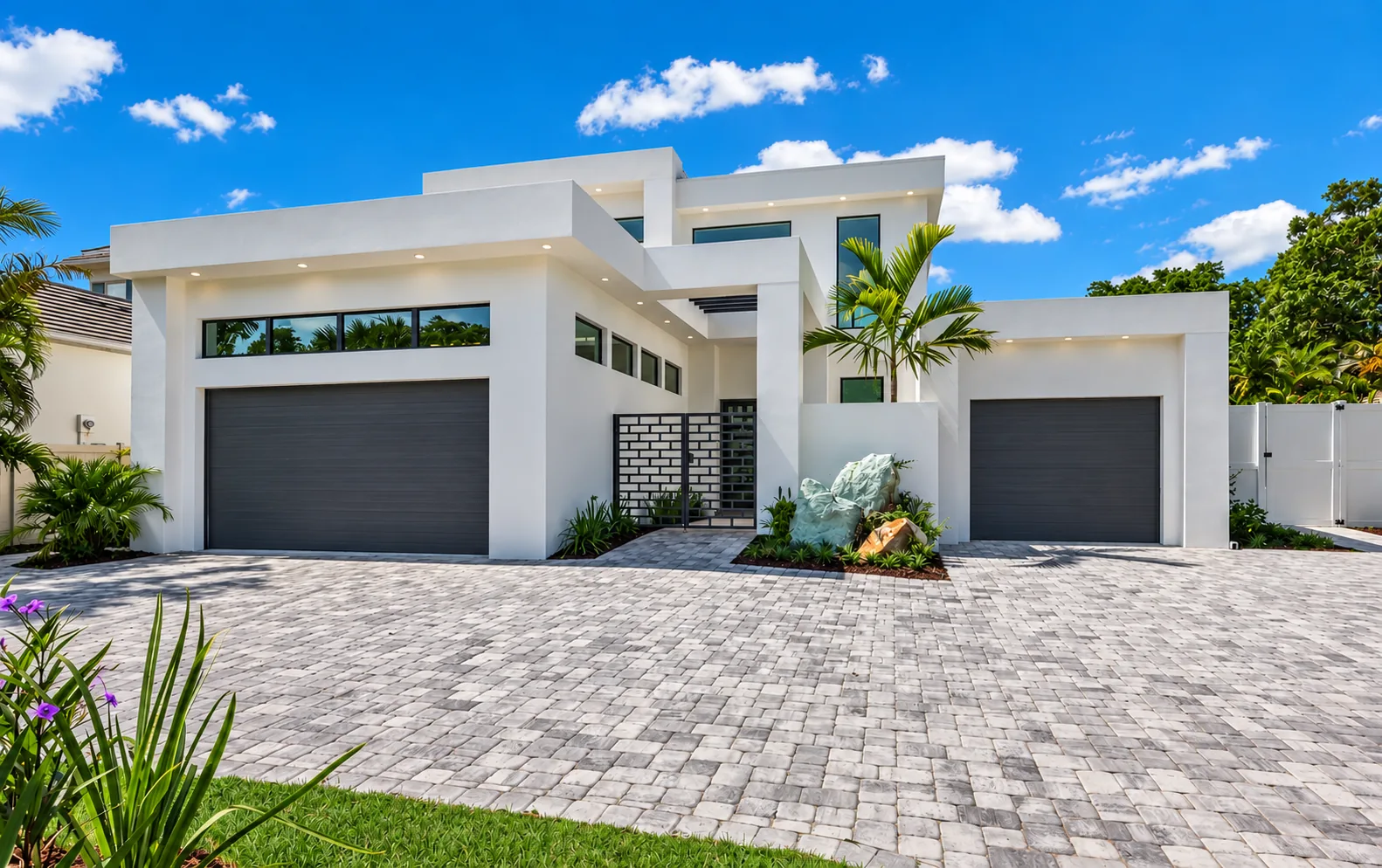 Modern white custom home with paver driveway and two garages