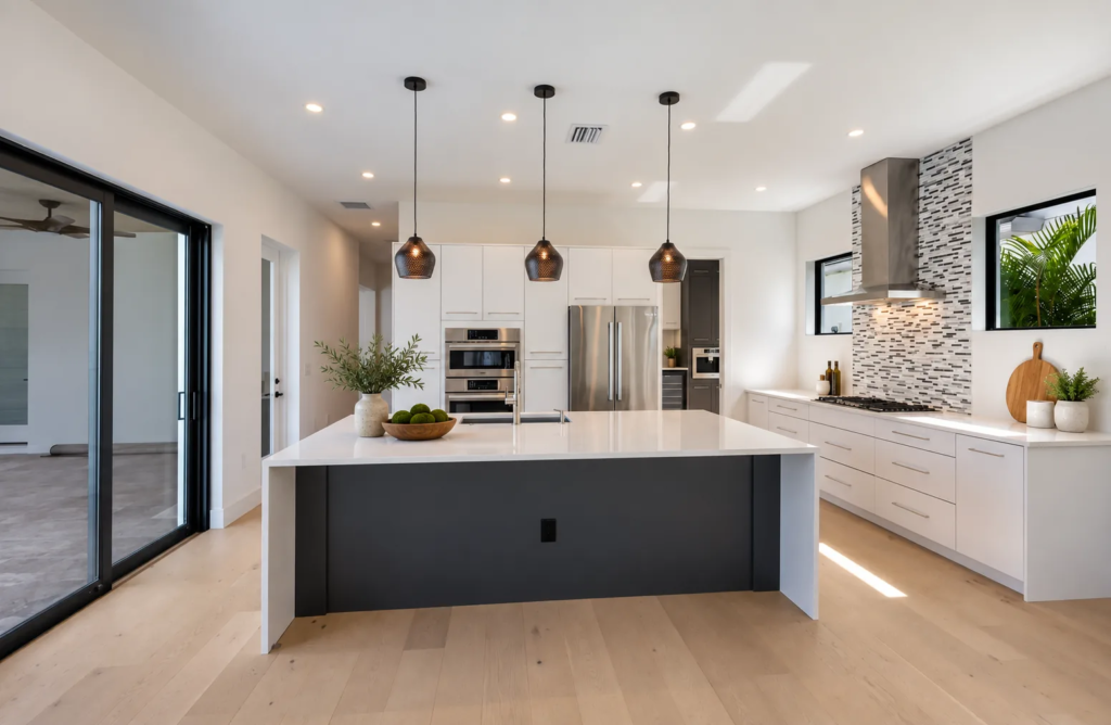Bright modern white kitchen with island and pendant lights