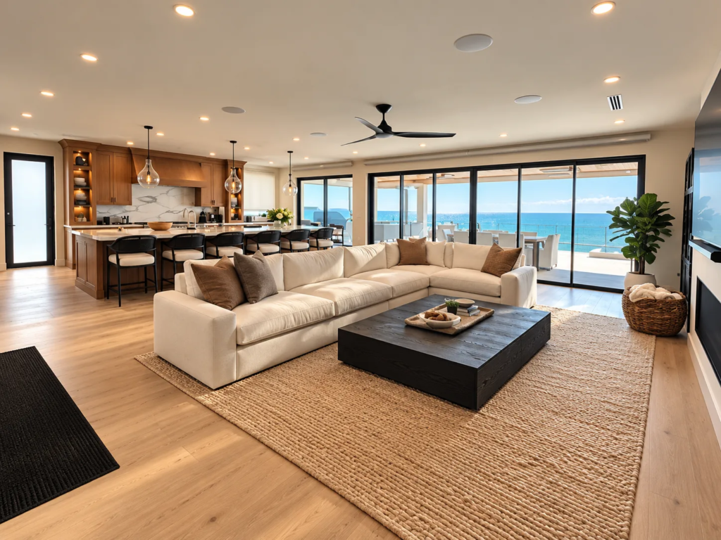 Open-plan living room with Gulf views and sliding glass walls