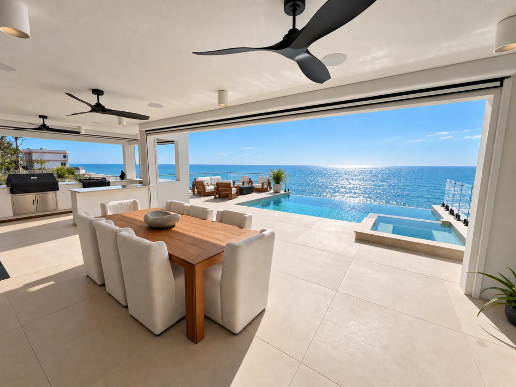 Covered outdoor dining terrace overlooking an infinity pool and the Gulf of Mexico