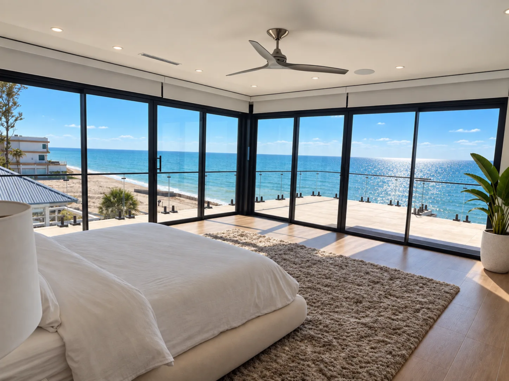 Primary bedroom suite with floor-to-ceiling windows overlooking the Gulf