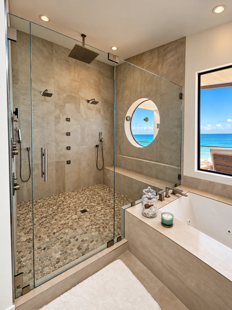 Walk-in glass shower with porthole window and soaking tub