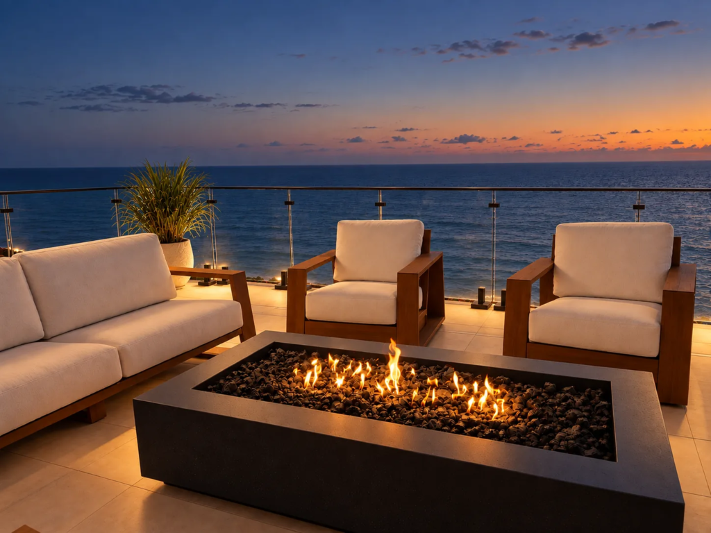 Waterfront terrace fire pit and outdoor seating at dusk